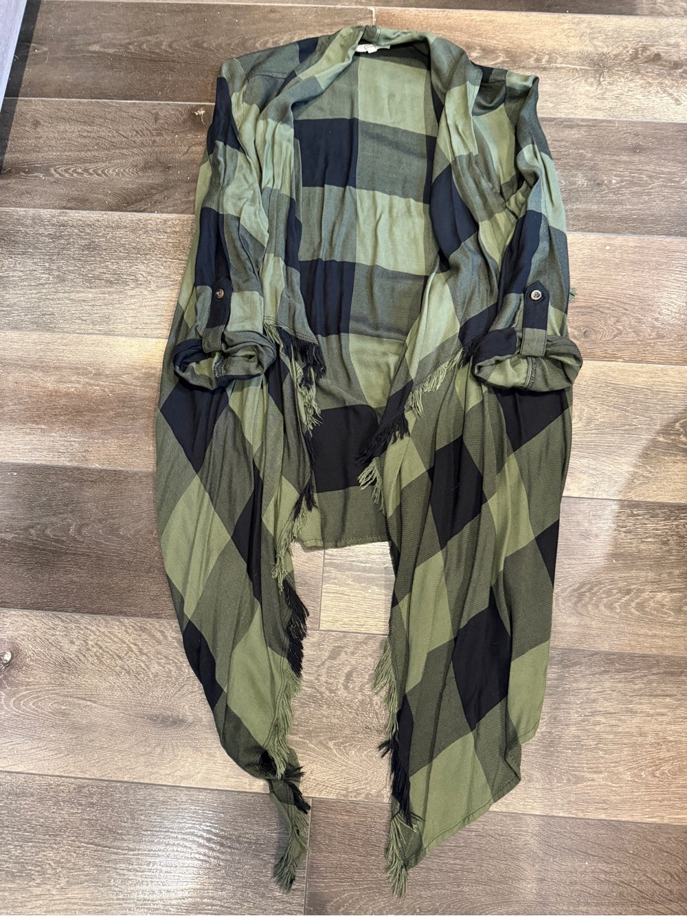 Maurices Lightweight Green & Black Buffalo Plaid Shirt Cardigan